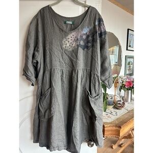 Blue Fish Hand Made Hand printed and sewed linen dress Feathers and Pockets! ✨💫